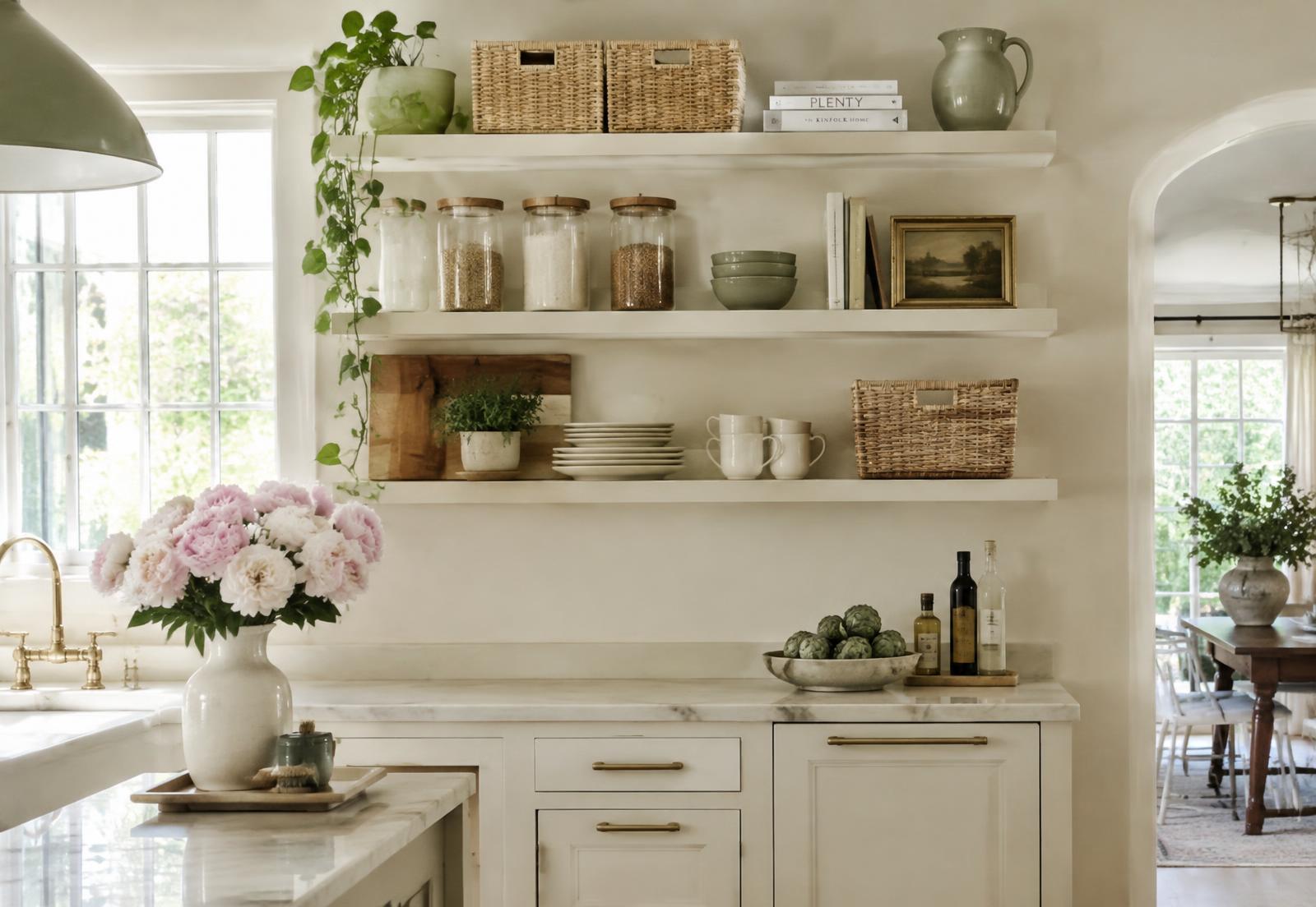 A calm, organized kitchen with labeled jars and baskets